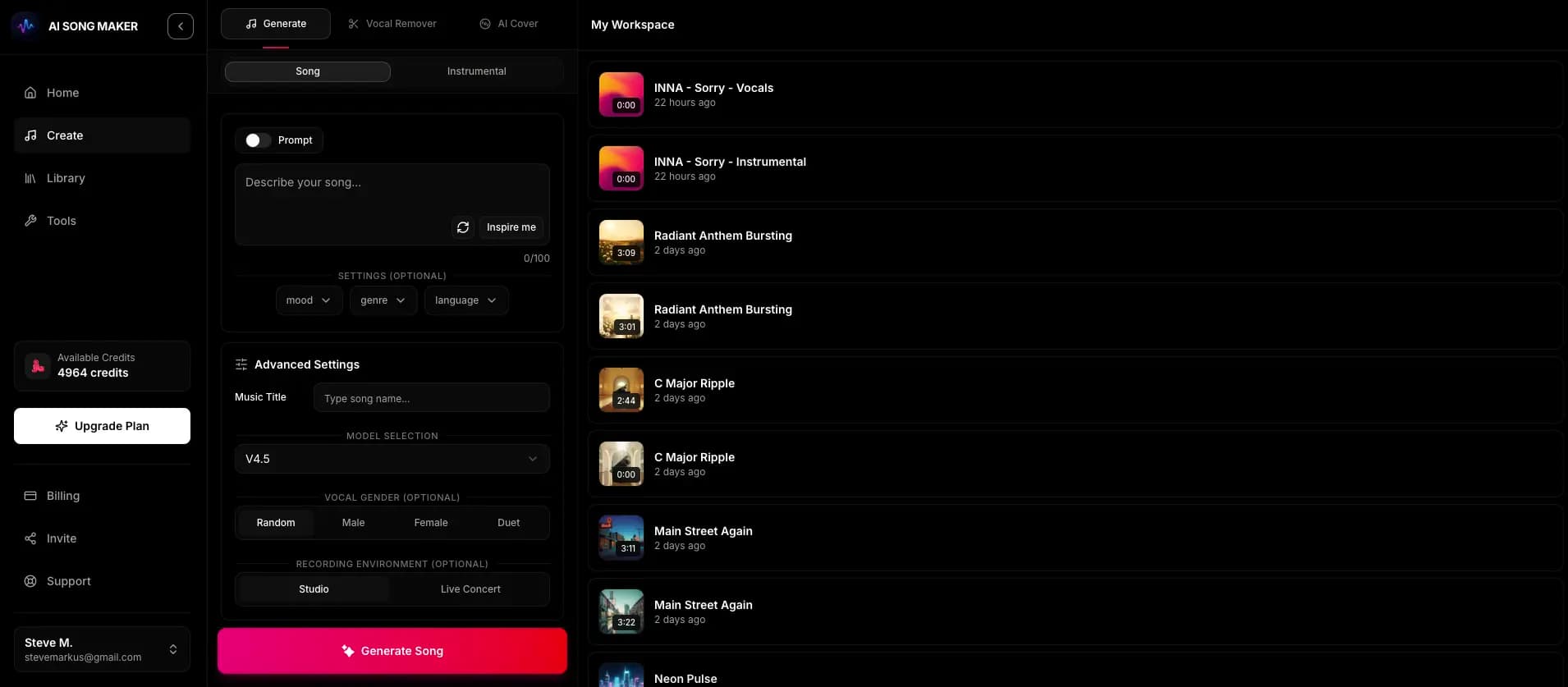 Music AI Generator workspace showing the credit balance next to the create controls